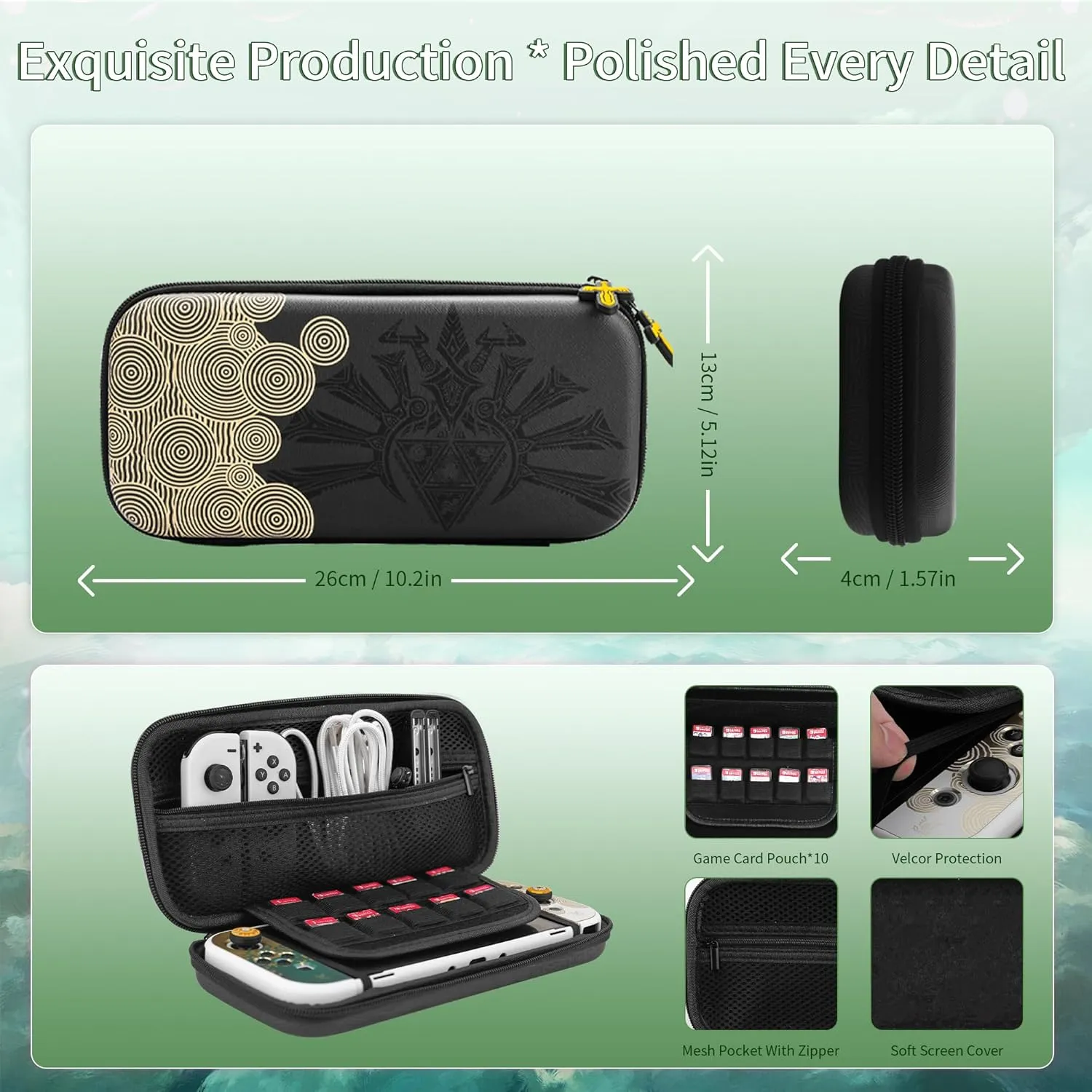 FUNDIARY Black of Zelda Carrying Case for Nintendo Switch OLED, Shockproof Accessories of Switch Console with Portable Travel Bag, Hard PC Dockable Cover, Screen Protector, Handle Strap & 2 Thumb Caps