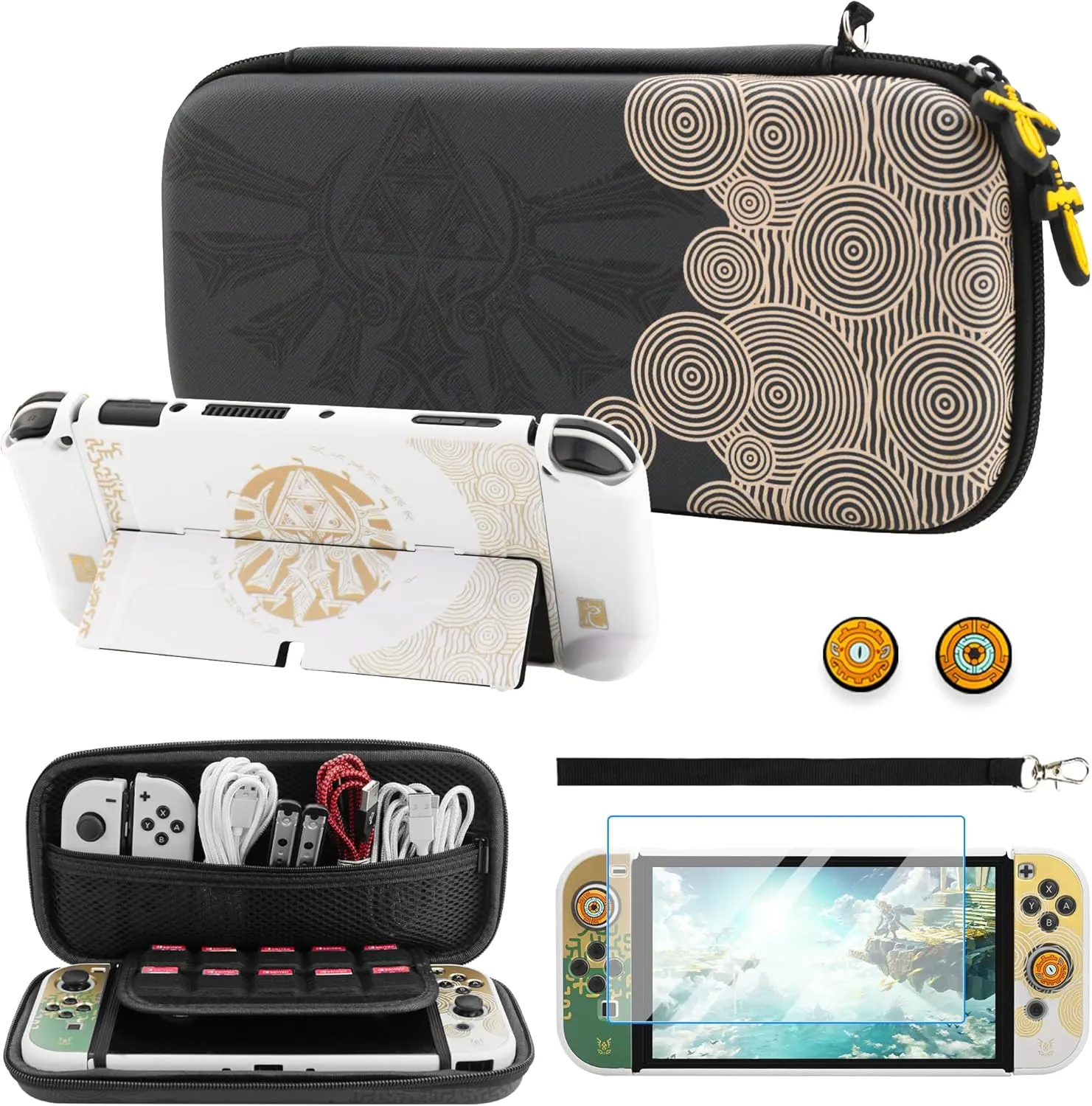 FUNDIARY Black of Zelda Carrying Case for Nintendo Switch OLED, Shockproof Accessories of Switch Console with Portable Travel Bag, Hard PC Dockable Cover, Screen Protector, Handle Strap & 2 Thumb Caps