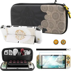 FUNDIARY Black of Zelda Carrying Case for Nintendo Switch OLED, Shockproof Accessories of Switch Console with Portable Travel Bag, Hard PC Dockable Cover, Screen Protector, Handle Strap & 2 Thumb Caps