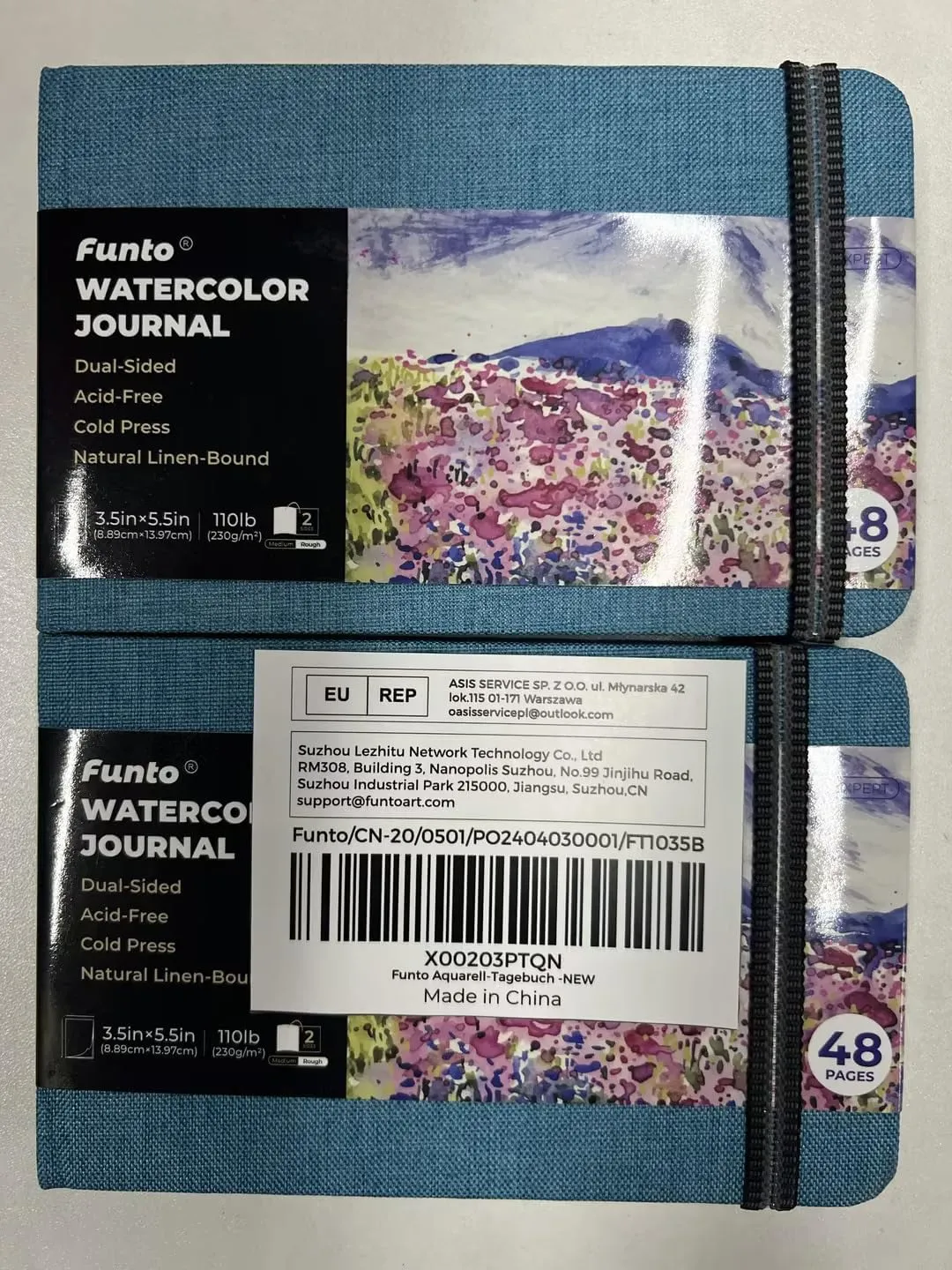 Funto Watercolor Journal, 3.5x5.5, 2 Pack, 24 Sheets Each, Blue Cloth Cover, 110lb/230gsm, Suitable for Techniques and Mixed Media