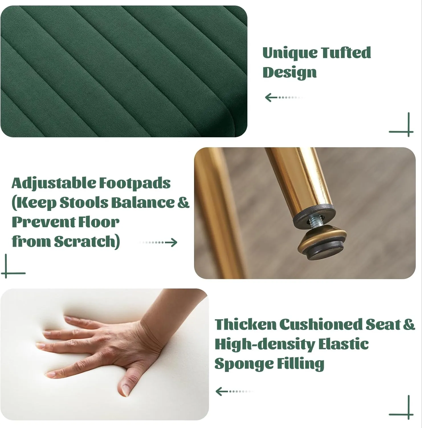 Furniliving 44 Inch Entryway Benches, Upholstered Tufted Striped Fabric Ottoman Bench with Polished Gold Metal Legs for Living Room, Solid Wood Indoor Bench for Foyer (DarkGreen)