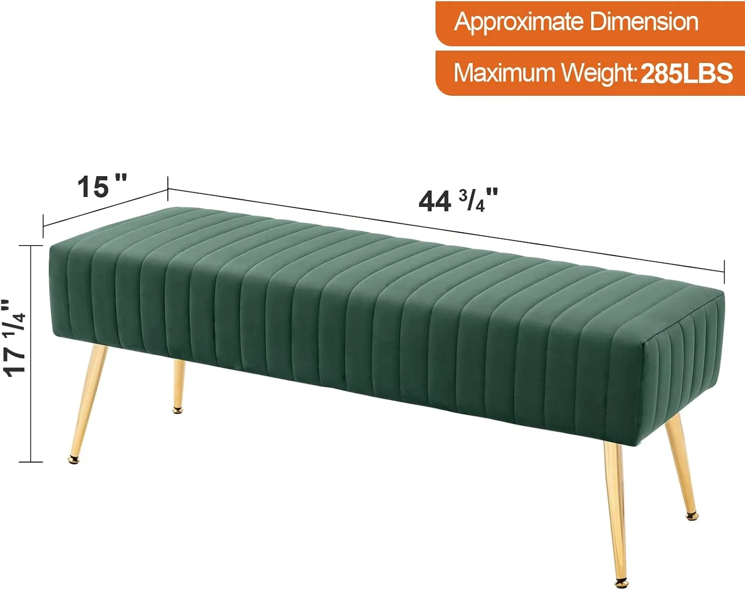 Furniliving 44 Inch Entryway Benches, Upholstered Tufted Striped Fabric Ottoman Bench with Polished Gold Metal Legs for Living Room, Solid Wood Indoor Bench for Foyer (DarkGreen)