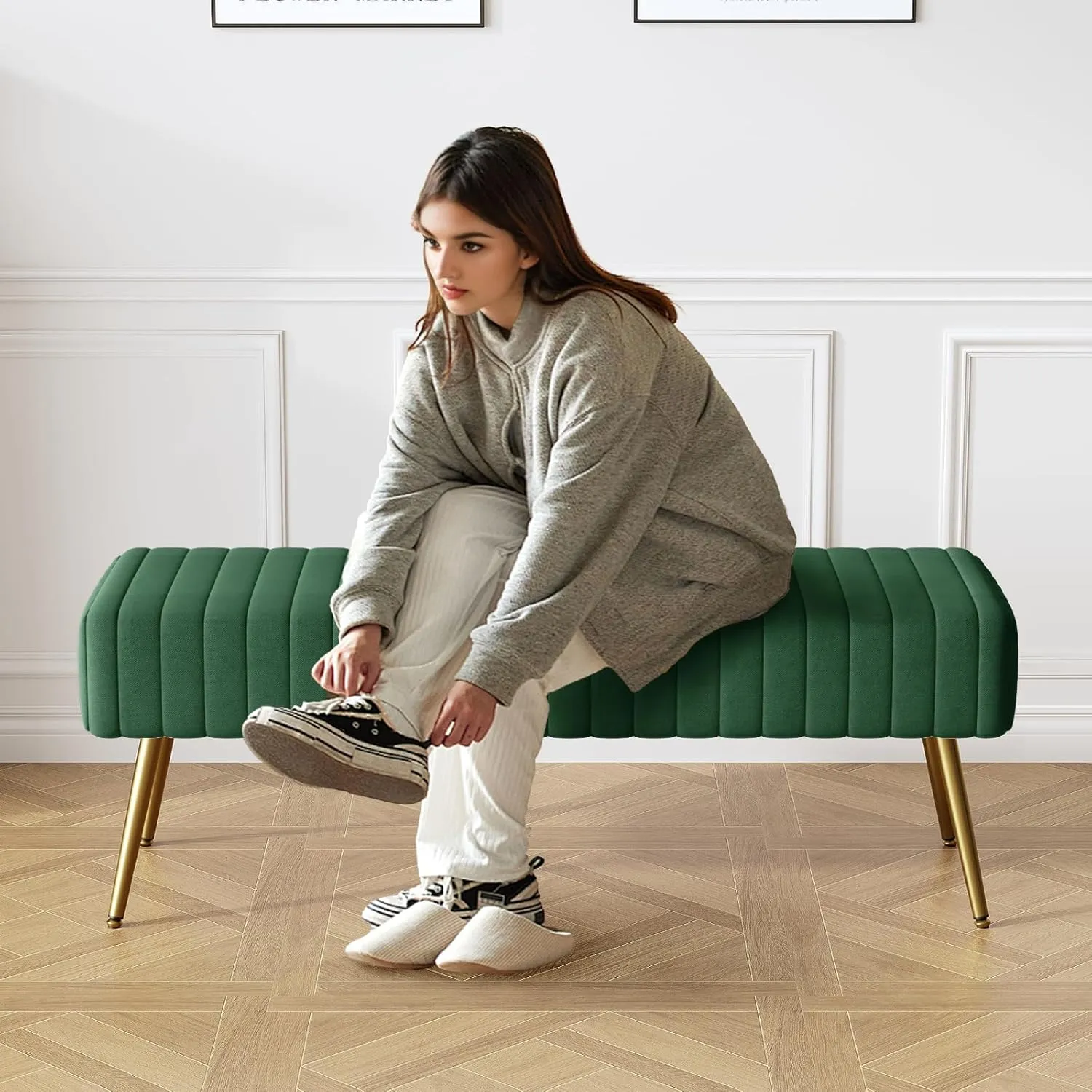 Furniliving 44 Inch Entryway Benches, Upholstered Tufted Striped Fabric Ottoman Bench with Polished Gold Metal Legs for Living Room, Solid Wood Indoor Bench for Foyer (DarkGreen)