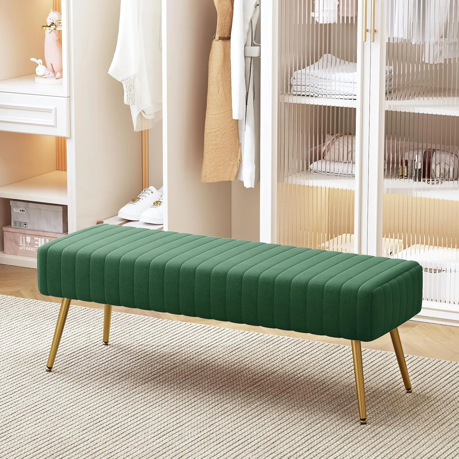 Furniliving 44 Inch Entryway Benches, Upholstered Tufted Striped Fabric Ottoman Bench with Polished Gold Metal Legs for Living Room, Solid Wood Indoor Bench for Foyer (DarkGreen)