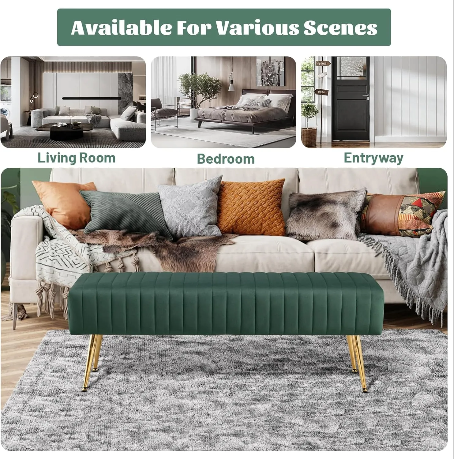 Furniliving 44 Inch Entryway Benches, Upholstered Tufted Striped Fabric Ottoman Bench with Polished Gold Metal Legs for Living Room, Solid Wood Indoor Bench for Foyer (DarkGreen)