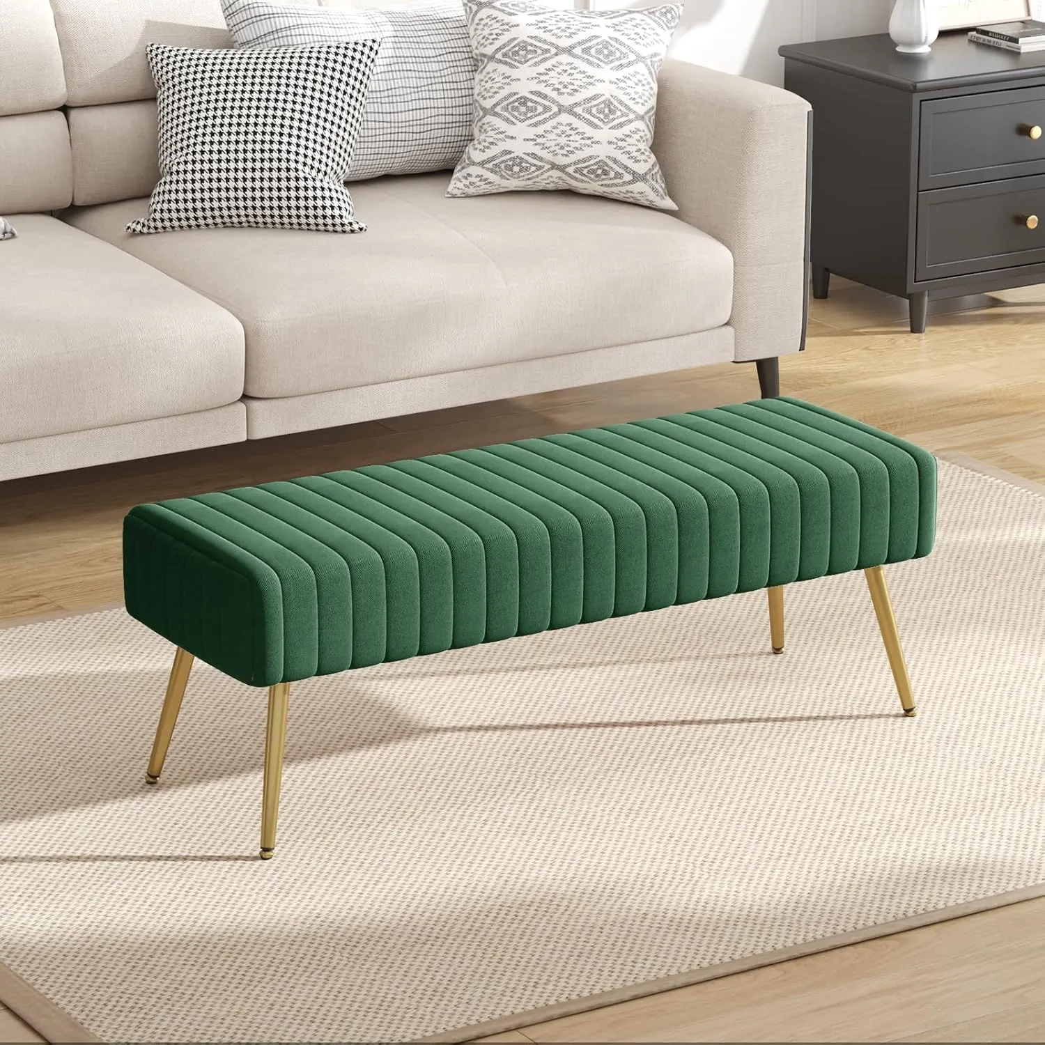 Furniliving 44 Inch Entryway Benches, Upholstered Tufted Striped Fabric Ottoman Bench with Polished Gold Metal Legs for Living Room, Solid Wood Indoor Bench for Foyer (DarkGreen)