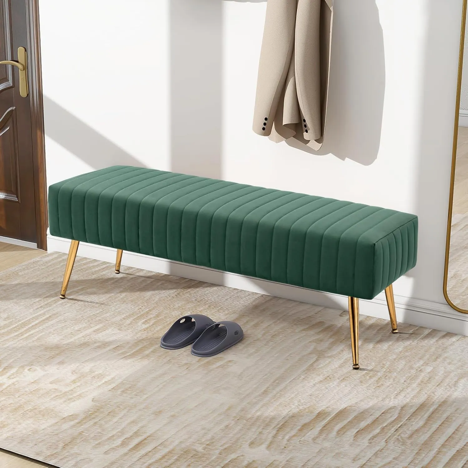 Furniliving 44 Inch Entryway Benches, Upholstered Tufted Striped Fabric Ottoman Bench with Polished Gold Metal Legs for Living Room, Solid Wood Indoor Bench for Foyer (DarkGreen)