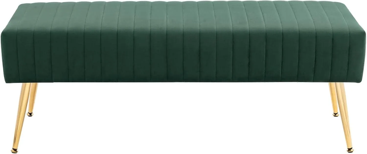 Furniliving 44 Inch Entryway Benches, Upholstered Tufted Striped Fabric Ottoman Bench with Polished Gold Metal Legs for Living Room, Solid Wood Indoor Bench for Foyer (DarkGreen)
