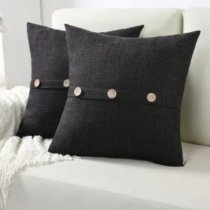 FUTEI Black Linen Decorative Throw Pillow Covers 20x20 Inch Set of 2, Square Cushion Case with Vintage Button/Zipper,Modern Farmhouse Home Decor for Couch,Bed
