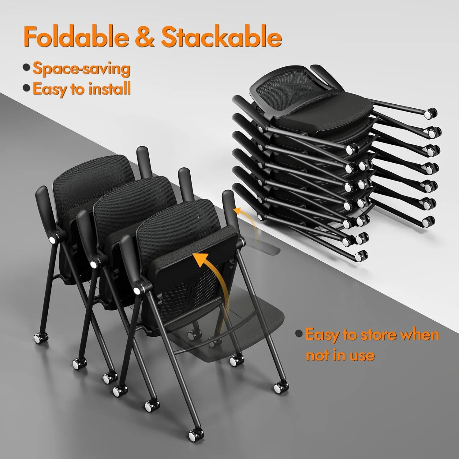 FYLICA Stackable & Foldable Office Chair, Folding Desk Chair with Flip-Up Armrest, Breathable Mesh, Thick Seat Cushion & Rocking Backrest, Conference Room Chair with Wheel (Grey，1)