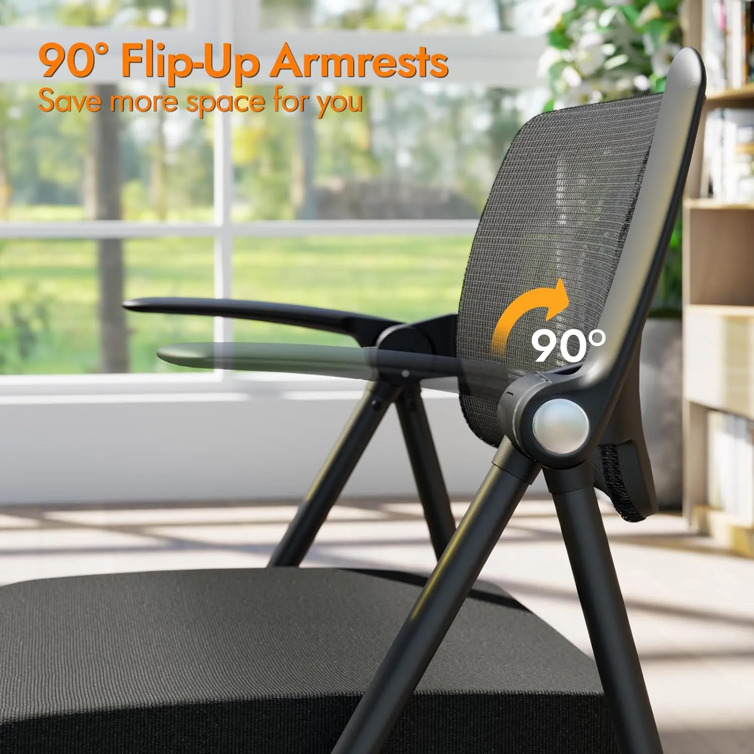 FYLICA Stackable & Foldable Office Chair, Folding Desk Chair with Flip-Up Armrest, Breathable Mesh, Thick Seat Cushion & Rocking Backrest, Conference Room Chair with Wheel (Grey，1)