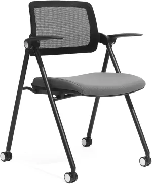 FYLICA Stackable & Foldable Office Chair, Folding Desk Chair with Flip-Up Armrest, Breathable Mesh, Thick Seat Cushion & Rocking Backrest, Conference Room Chair with Wheel (Grey，1)