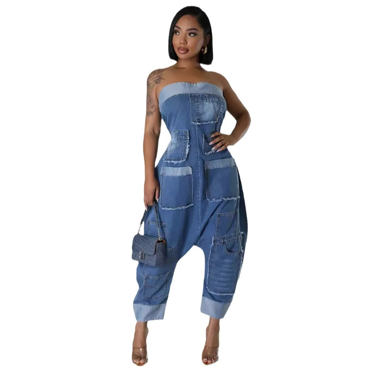 FZ Women's  Multi Pocket Stitching Washed Loose Sleeveless Denim Jumpsuit