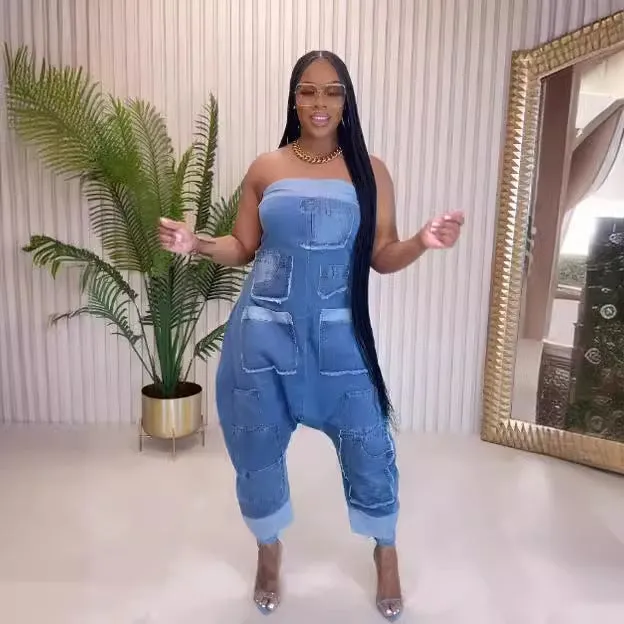 FZ Women's  Multi Pocket Stitching Washed Loose Sleeveless Denim Jumpsuit