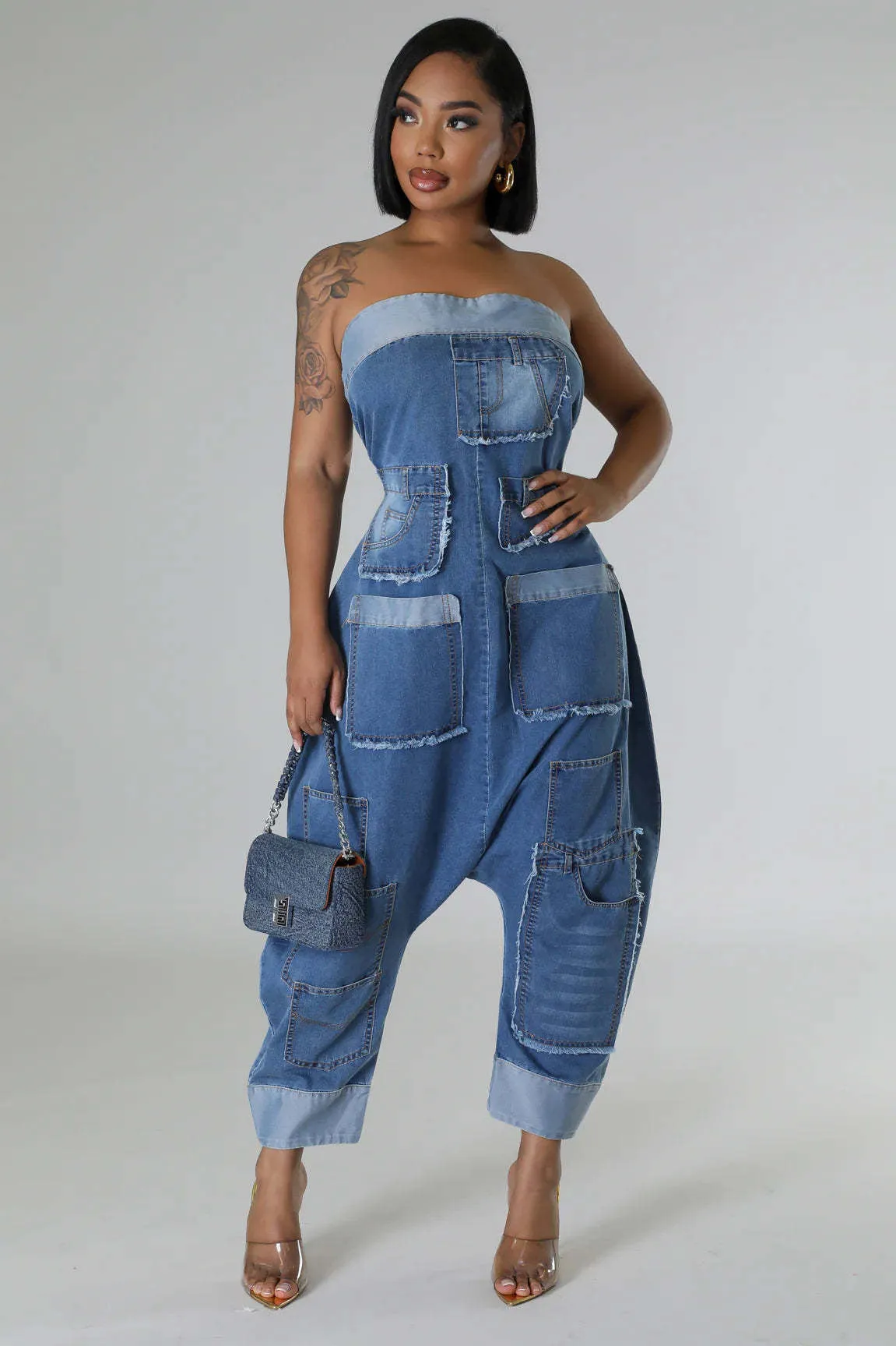 FZ Women's  Multi Pocket Stitching Washed Loose Sleeveless Denim Jumpsuit