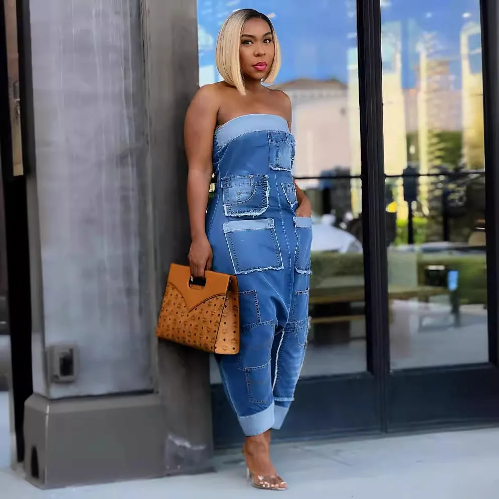 FZ Women's  Multi Pocket Stitching Washed Loose Sleeveless Denim Jumpsuit