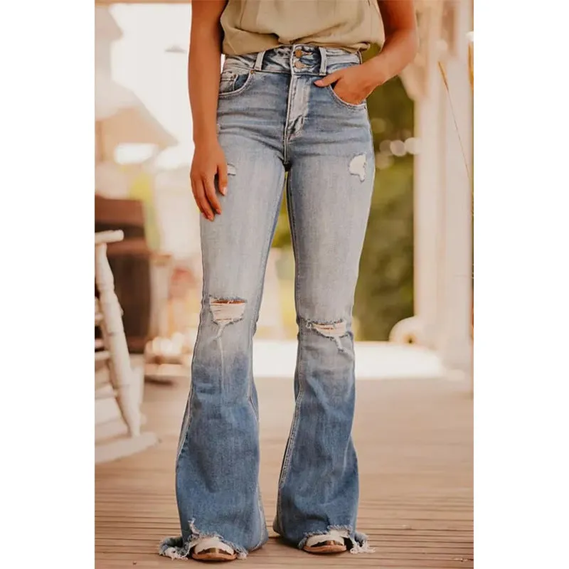 FZ Women's Ripped Flared  Washed out Vintage Denim Pants