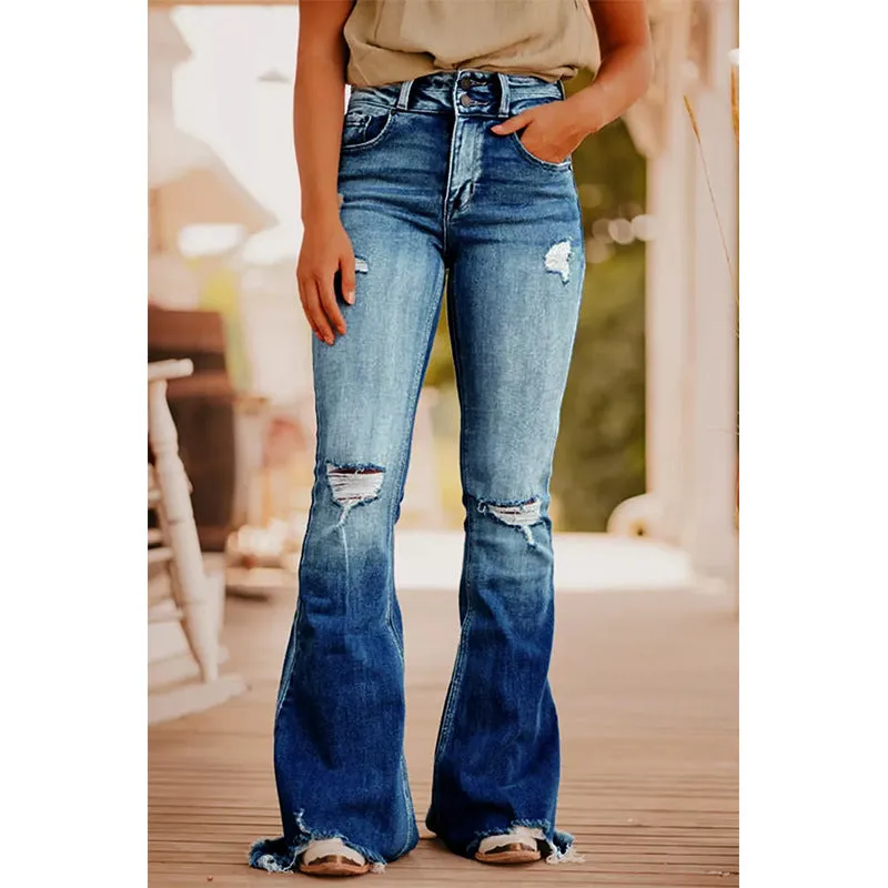 FZ Women's Ripped Flared  Washed out Vintage Denim Pants