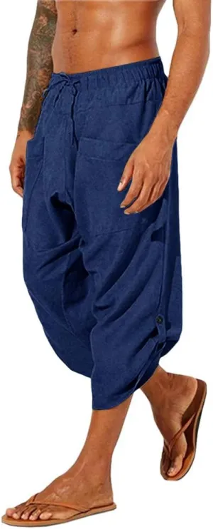 Gafeng Mens Linen Harem Capri Pants Drawstring 3/4 Shorts Casual Beach Yoga Hippie Thai Pants