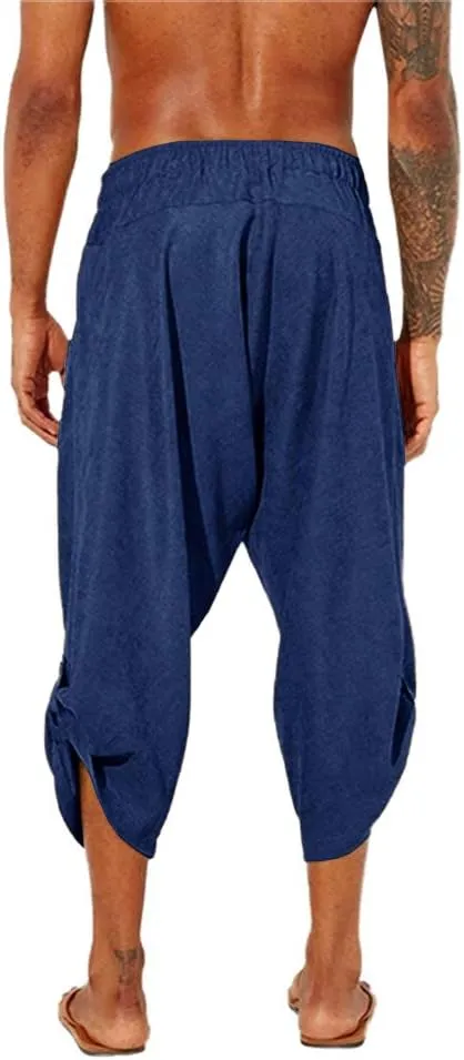 Gafeng Mens Linen Harem Capri Pants Drawstring 3/4 Shorts Casual Beach Yoga Hippie Thai Pants