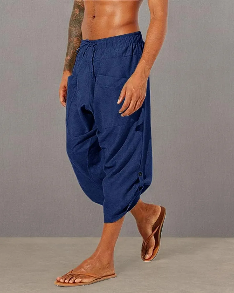 Gafeng Mens Linen Harem Capri Pants Drawstring 3/4 Shorts Casual Beach Yoga Hippie Thai Pants