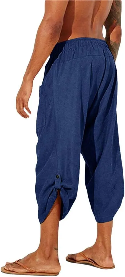 Gafeng Mens Linen Harem Capri Pants Drawstring 3/4 Shorts Casual Beach Yoga Hippie Thai Pants