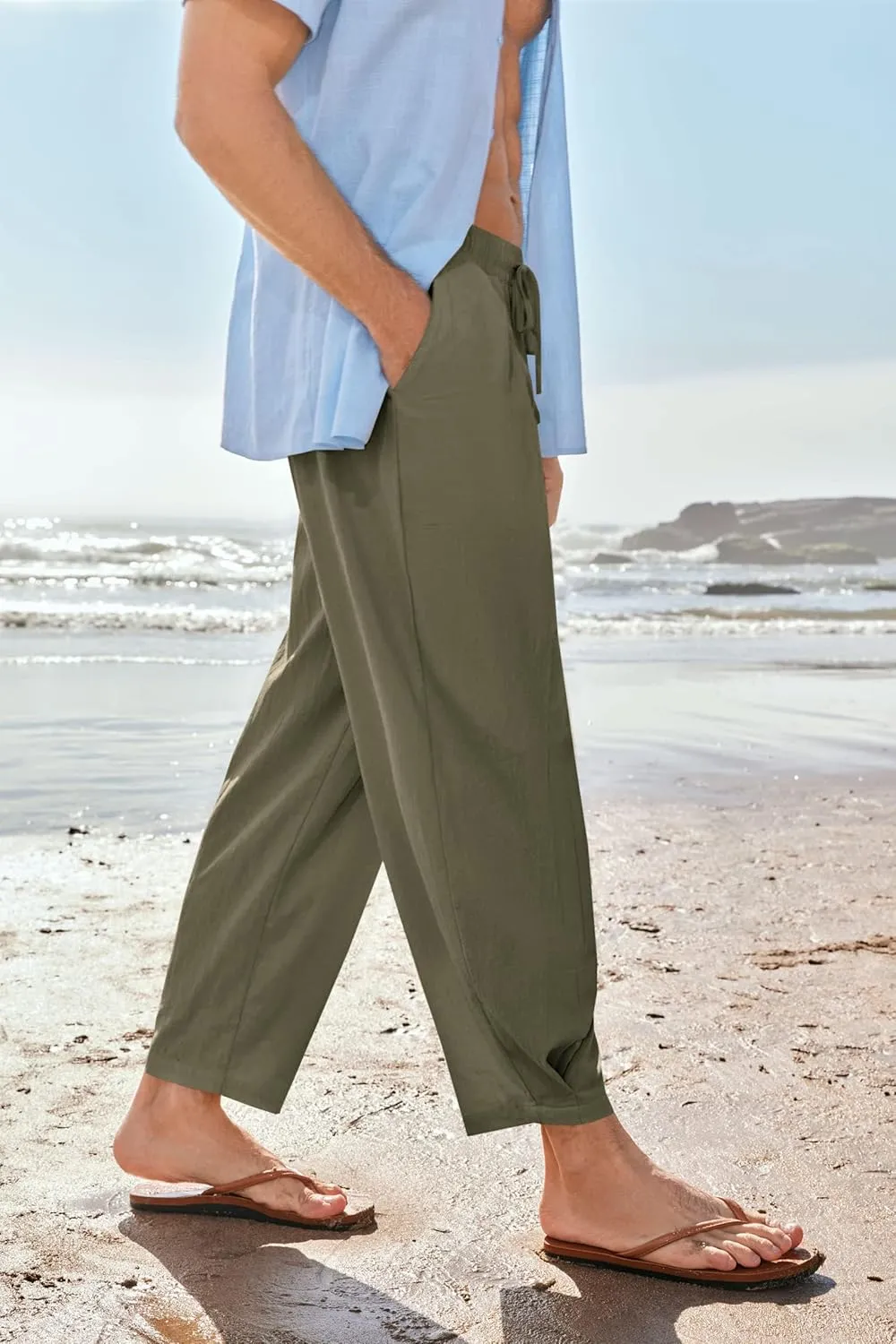 Gafeng Mens Linen Yoga Pants Elastic Waist Drawstring Summer Beach Loose Fit Casual Tapered Trousers