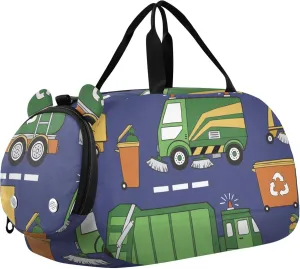 Garbage Trucks Car Green Sports Duffle Bag for Girls Boys, Gym Bag with Shoe Compartment, Kids Travel Overnight Weekender Shoulder Bag