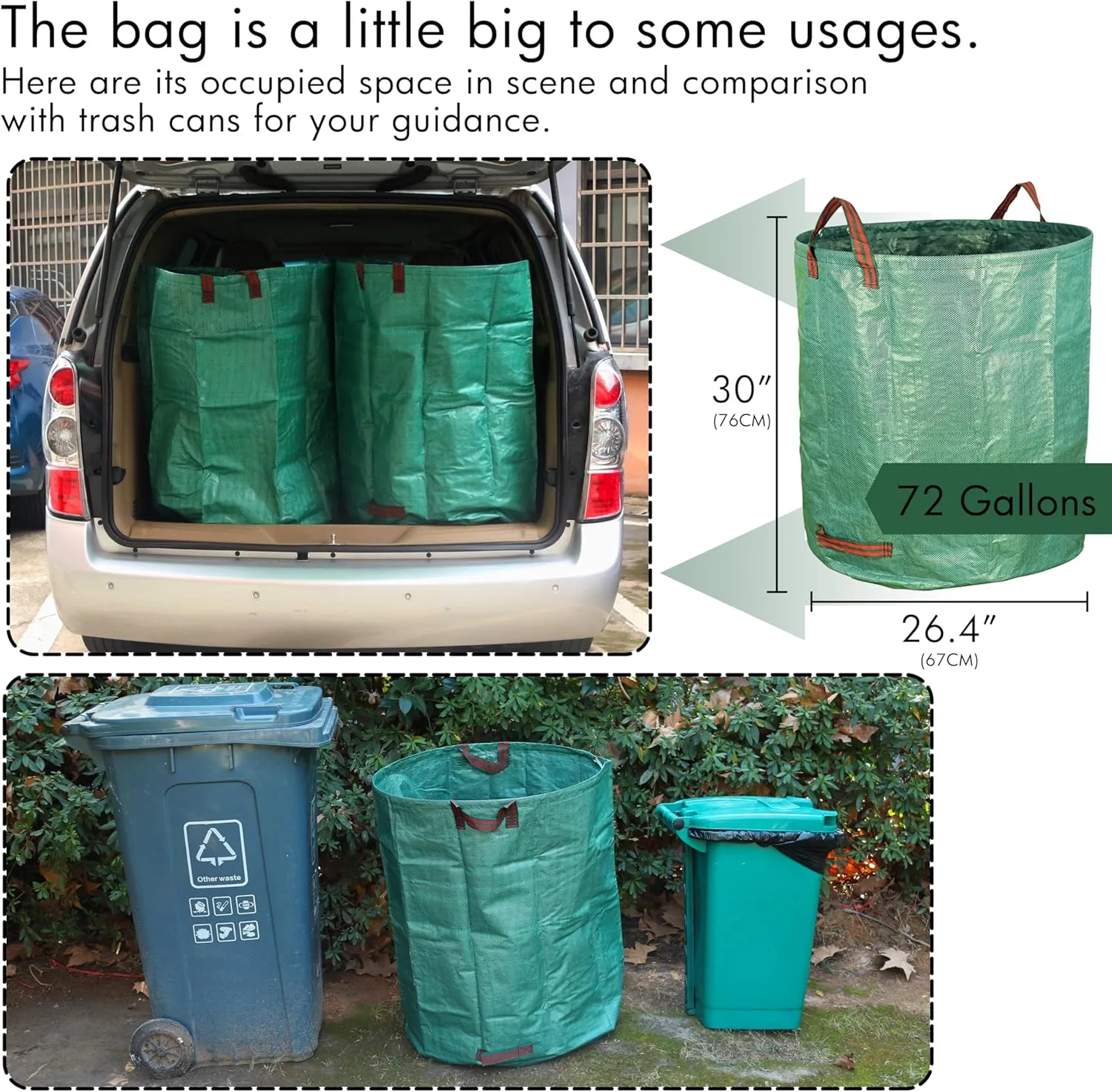 Gardzen 3-Pack 72 Gallon Yard Waste Bags, Reusable Heavy Duty Collapsible Garden Leaf Bags with Plastic Ring, Stand-Up Yard Waste Bin for Leaves, Lawn Debris & Grass Clippings