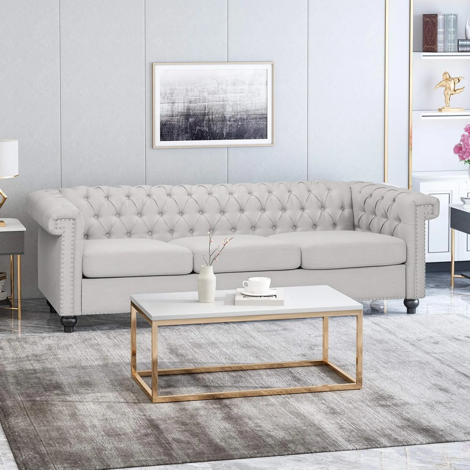 GDF Studio Noble House Parkhurst Tufted Chesterfield Fabric Sofa in Pebble Gray and Brown