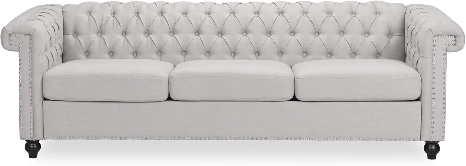 GDF Studio Noble House Parkhurst Tufted Chesterfield Fabric Sofa in Pebble Gray and Brown