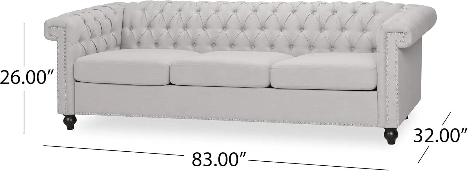 GDF Studio Noble House Parkhurst Tufted Chesterfield Fabric Sofa in Pebble Gray and Brown