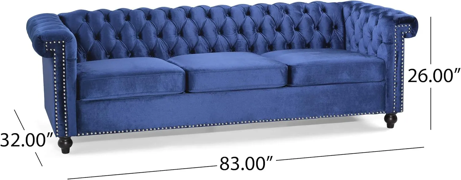 GDFStudio Noble House Parkhurst Tufted Chesterfield Velvet Sofa in Midnight Blue and Brown