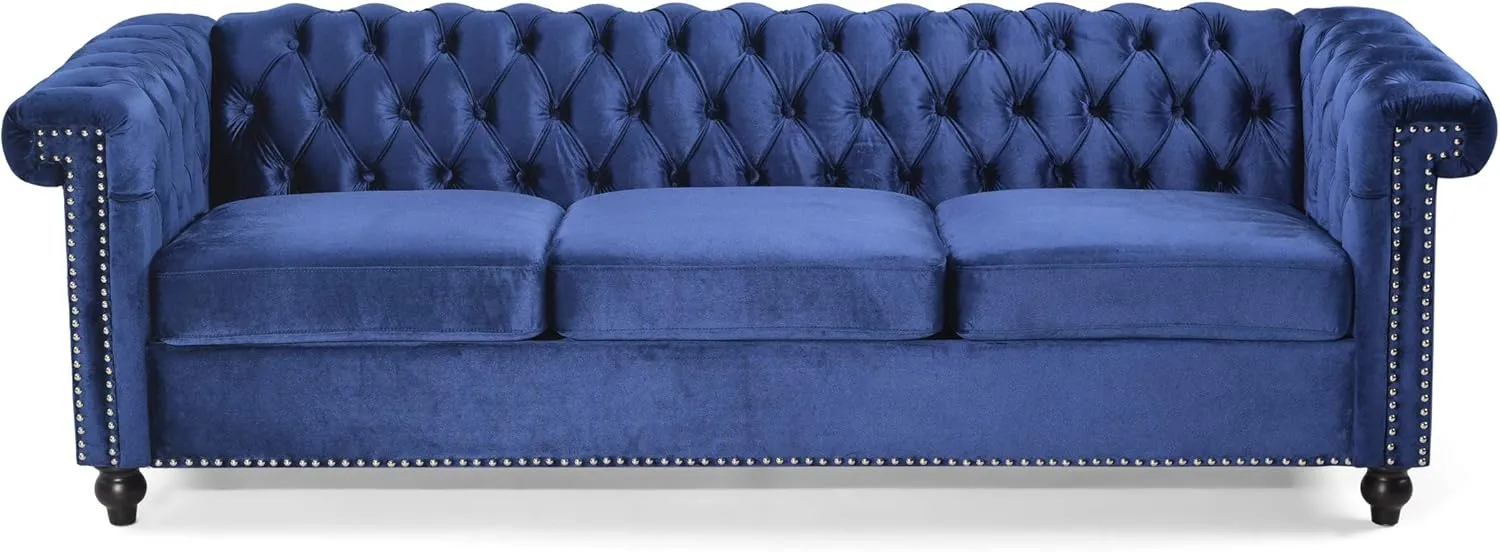 GDFStudio Noble House Parkhurst Tufted Chesterfield Velvet Sofa in Midnight Blue and Brown