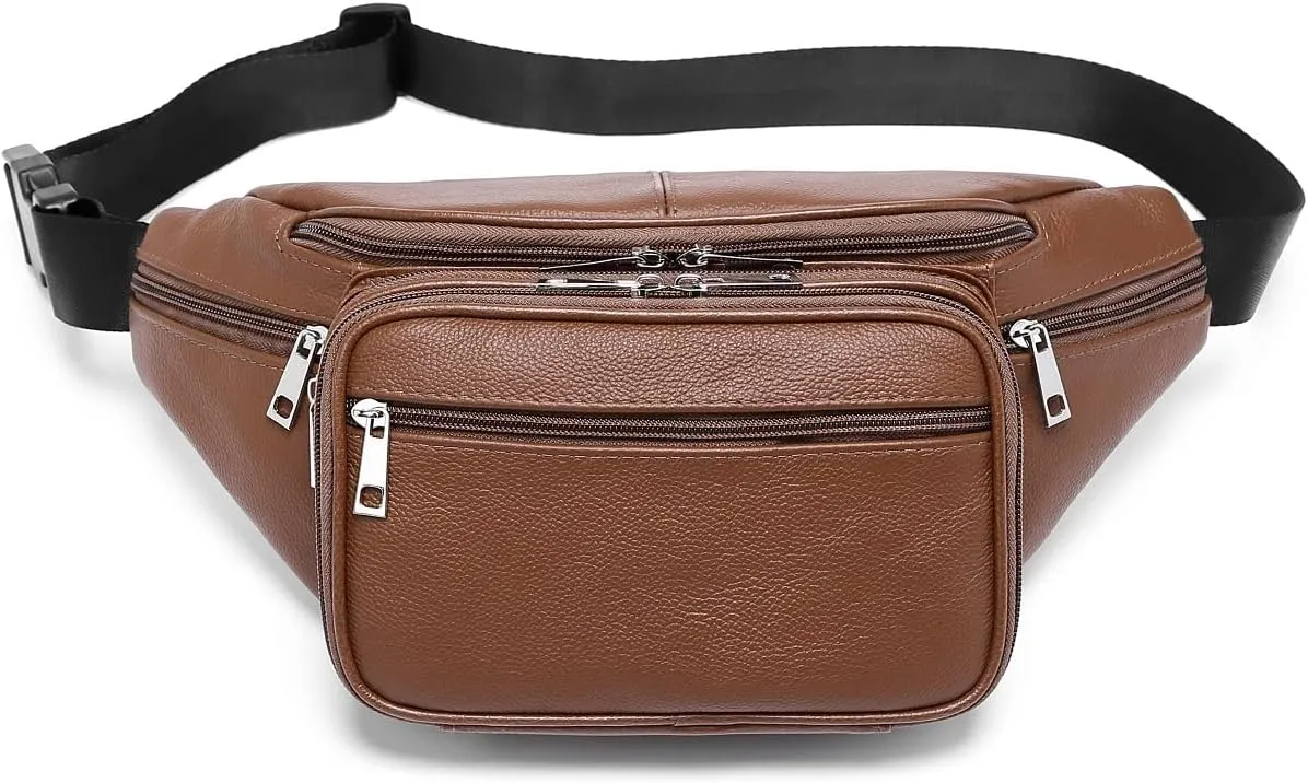 Genuine Cowhide Leather Large 7 Pocket Waist Pack with Organizer, Card Slots (Cowhide Brown)