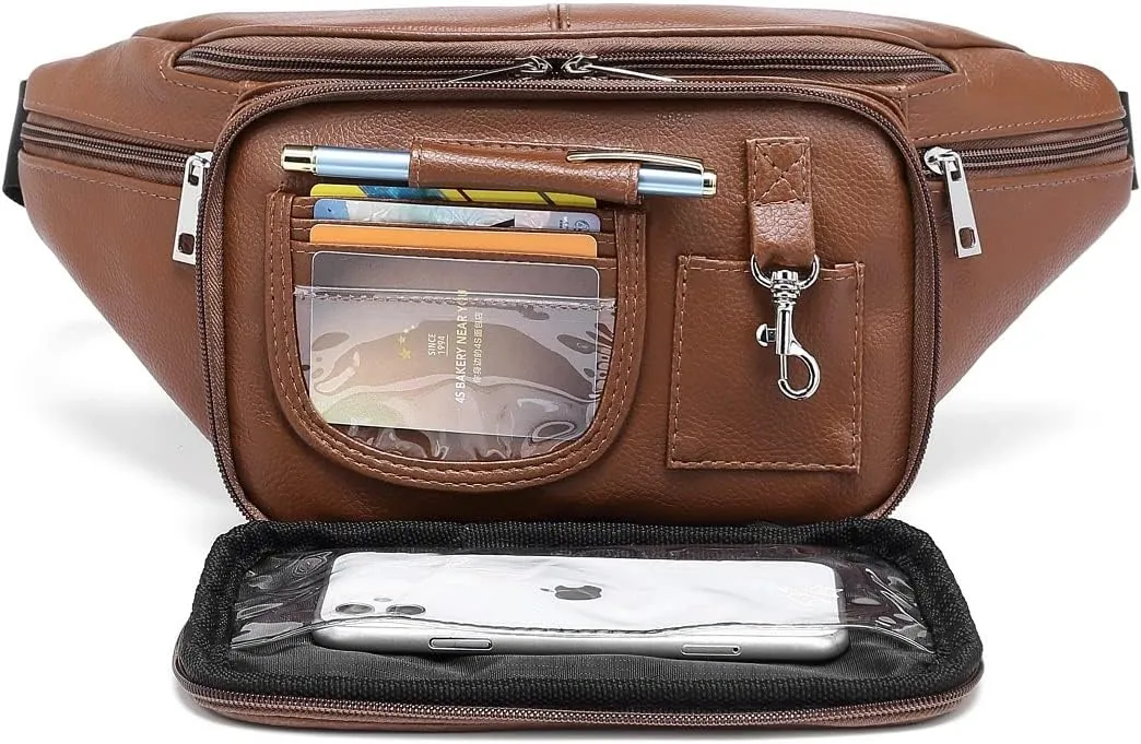 Genuine Cowhide Leather Large 7 Pocket Waist Pack with Organizer, Card Slots (Cowhide Brown)