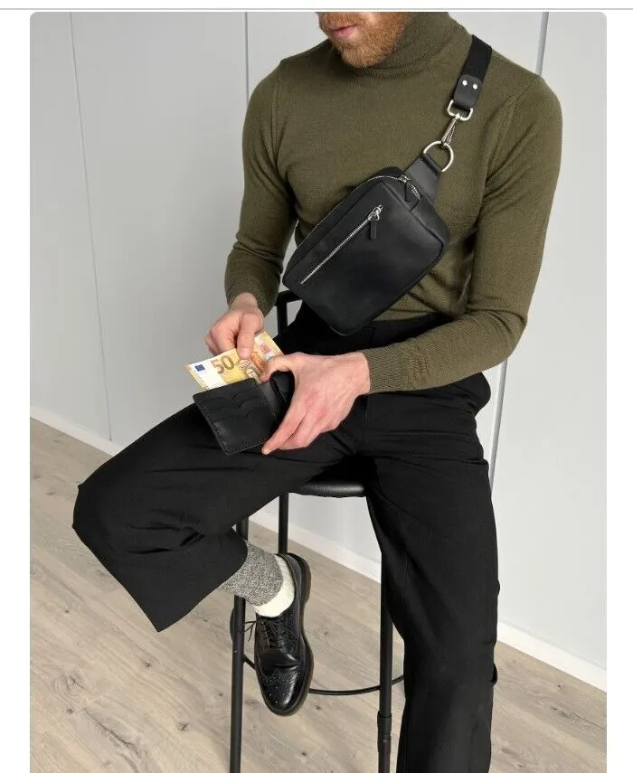 Genuine Leather Fanny Pack Cross Body Zipper Waist Bag. Belt Purse Black Pouch.