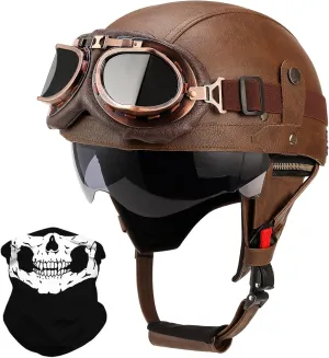 German Style Leather Motorcycle Half Helmet for Adults Men Women, DOT Approved Vintage Cap Half Face Shell Motorcycle Helmets for Cruiser Chopper Goggles
