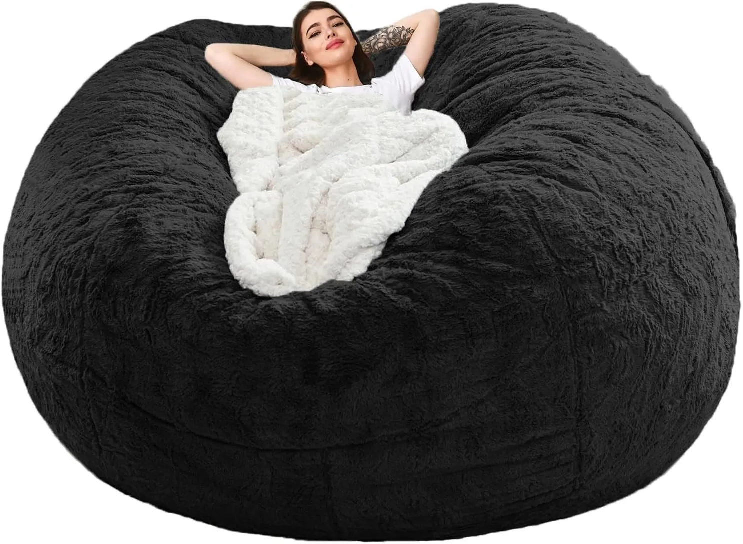 Giant Bean Bag Chair Cover(No Filler),Oversized Round Soft Fluffy PV Velvet Washable Lazy Sofa Bean Bag Bed Cover for Adults, Living Room Bedroom Furniture Outside Cover (Black, 5FT)