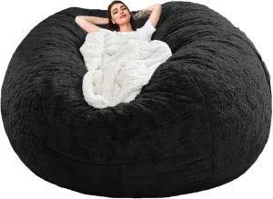 Giant Bean Bag Chair Cover(No Filler),Oversized Round Soft Fluffy PV Velvet Washable Lazy Sofa Bean Bag Bed Cover for Adults, Living Room Bedroom Furniture Outside Cover (Black, 5FT)