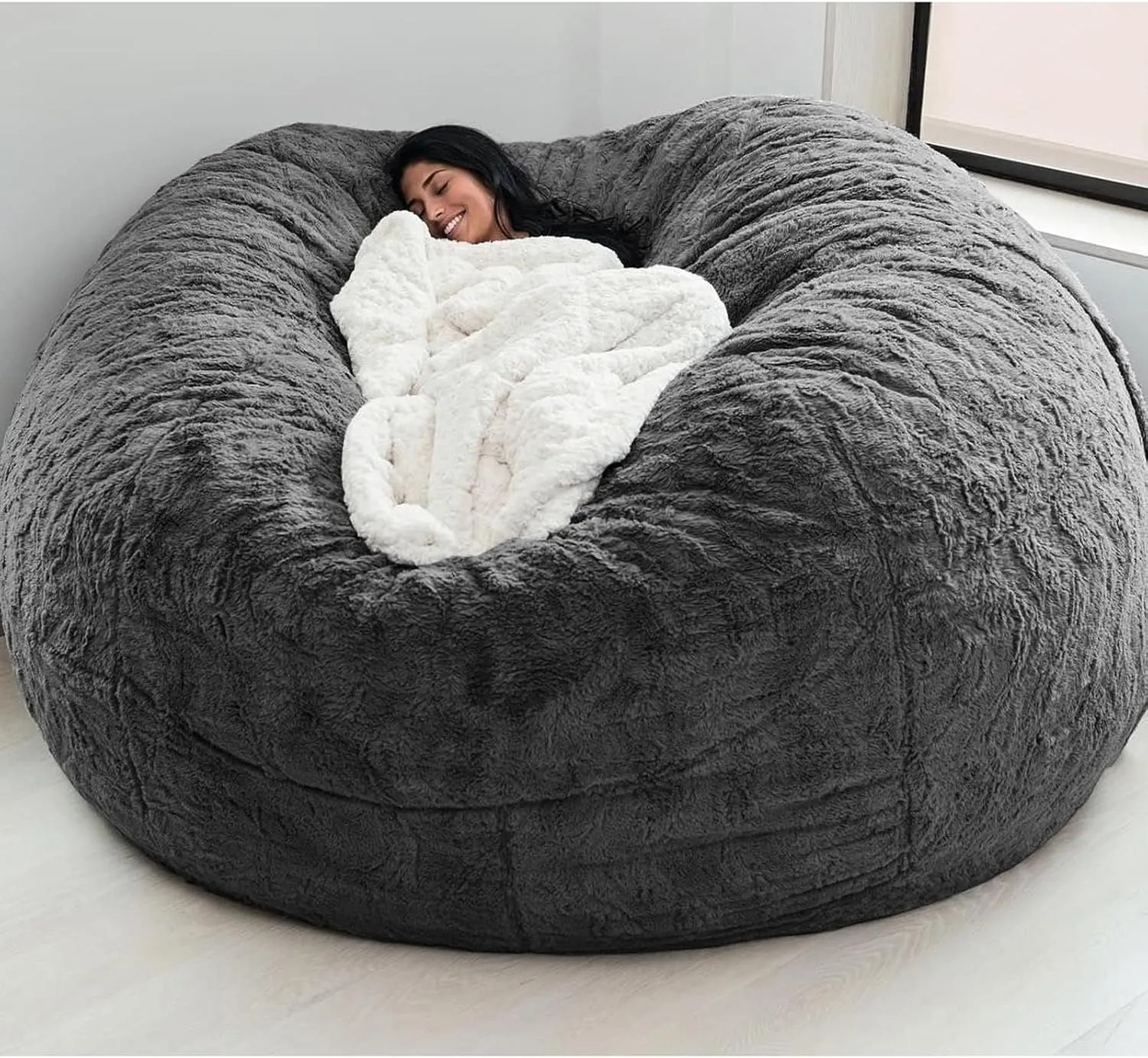 Giant Bean Bag Chair Cover(No Filler),Oversized Round Soft Fluffy PV Velvet Washable Lazy Sofa Bean Bag Bed Cover for Adults, Living Room Bedroom Furniture Outside Cover (Gray, 7FT)