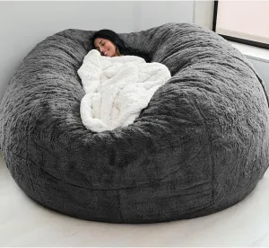 Giant Bean Bag Chair Cover(No Filler),Oversized Round Soft Fluffy PV Velvet Washable Lazy Sofa Bean Bag Bed Cover for Adults, Living Room Bedroom Furniture Outside Cover (Gray, 7FT)
