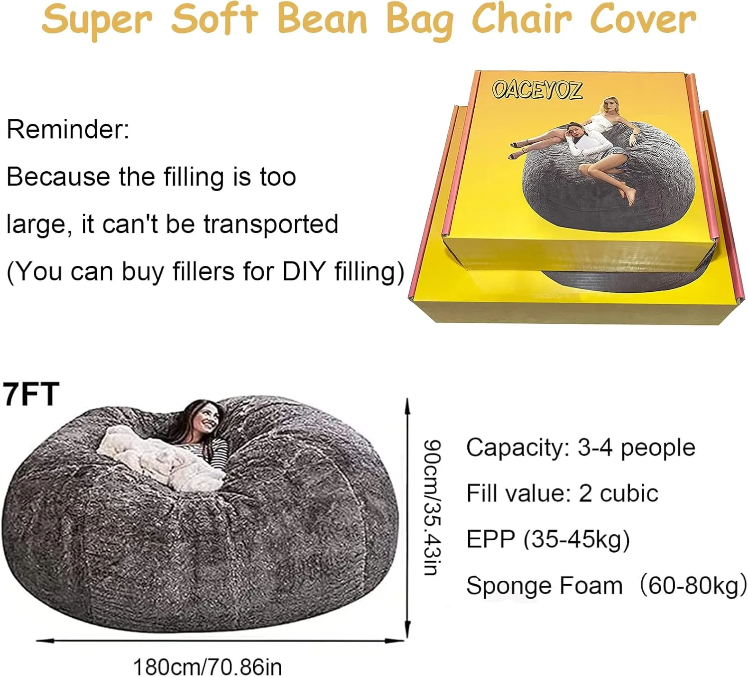 Giant, Soft Fluffy Fur Bean Bag Chair Cover for Adults (Cover ONLY, NO Filler) 7ft Black Big Bean Bag Bed Oversized Lazy Bean Bag Couch