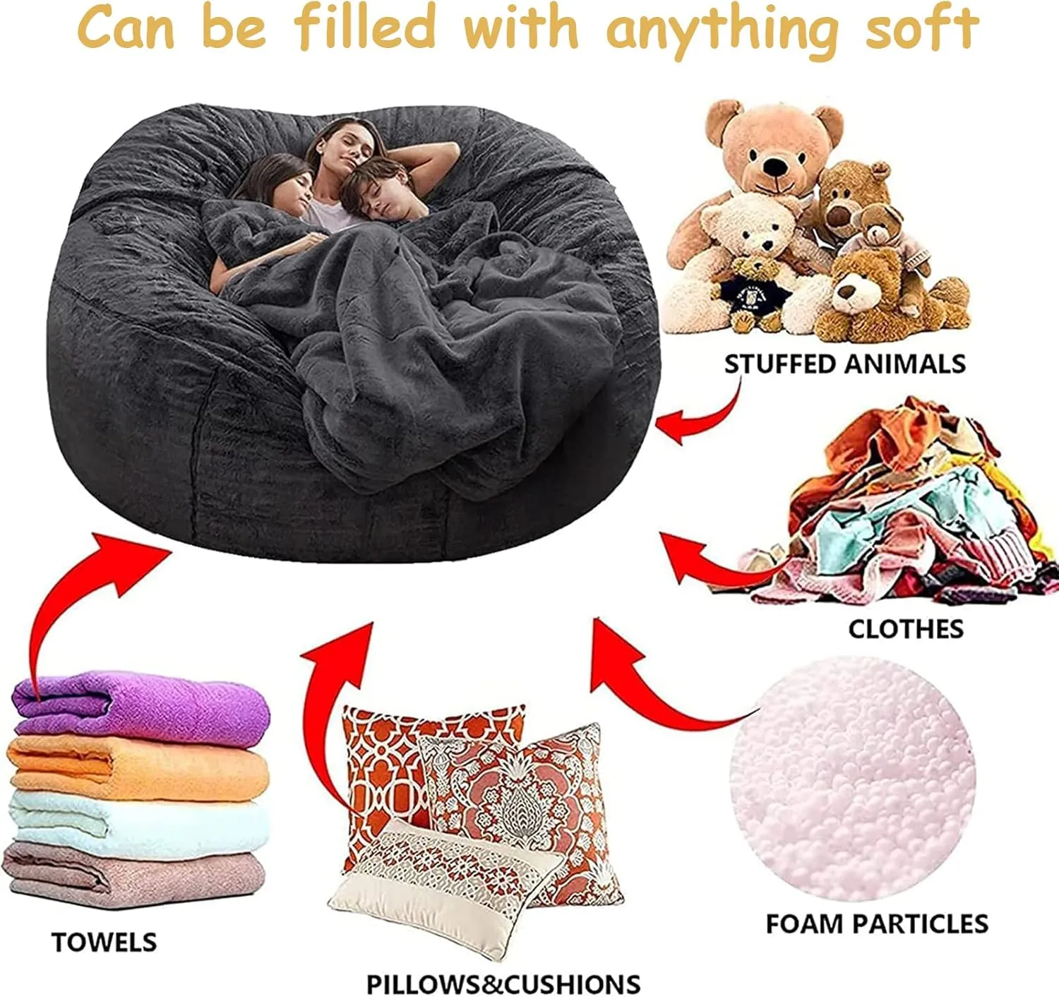 Giant, Soft Fluffy Fur Bean Bag Chair Cover for Adults (Cover ONLY, NO Filler) 7ft Black Big Bean Bag Bed Oversized Lazy Bean Bag Couch