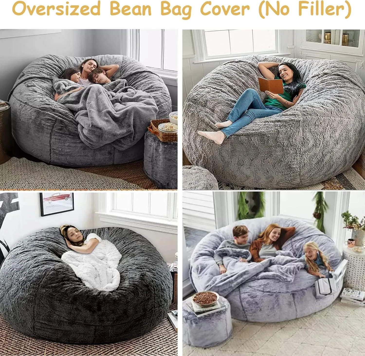 Giant, Soft Fluffy Fur Bean Bag Chair Cover for Adults (Cover ONLY, NO Filler) 7ft Black Big Bean Bag Bed Oversized Lazy Bean Bag Couch