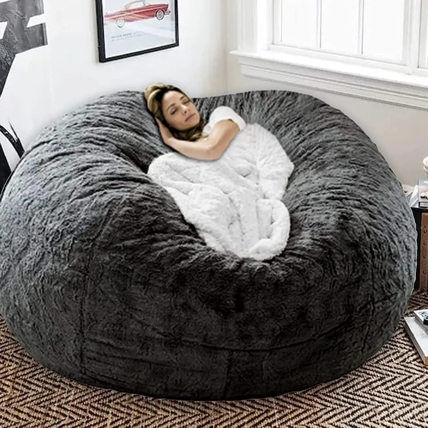 Giant, Soft Fluffy Fur Bean Bag Chair Cover for Adults (Cover ONLY, NO Filler) 7ft Black Big Bean Bag Bed Oversized Lazy Bean Bag Couch