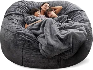 Giant, Soft Fluffy Fur Bean Bag Chair Cover for Adults (Cover ONLY, NO Filler) 7ft Black Big Bean Bag Bed Oversized Lazy Bean Bag Couch