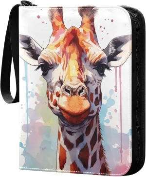 Giraffe Painting Card Binder with 50 Removable Page Sleeves PU Leather Collectible Trading Card Albums Book with Zipper for Games Card,Baseball Cards