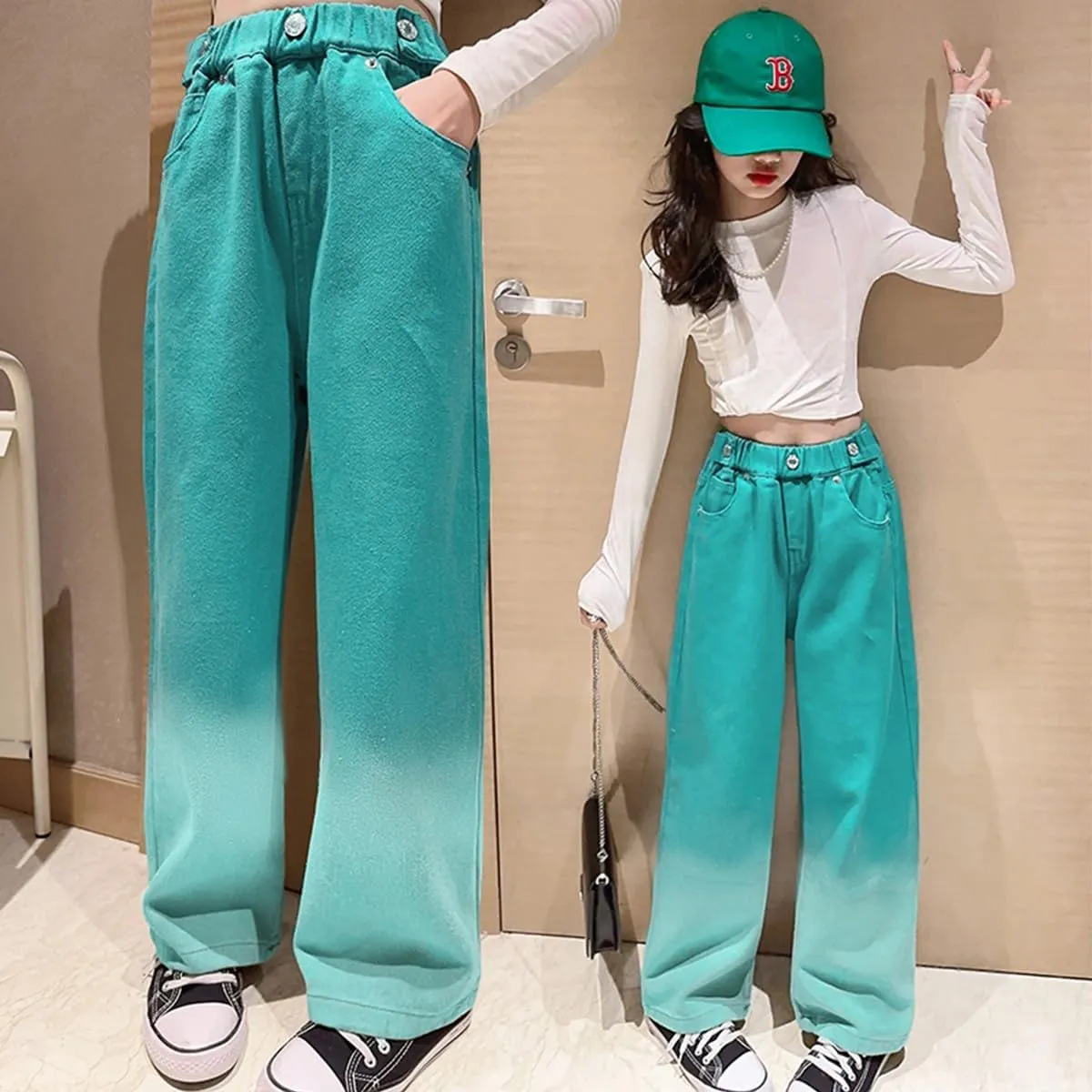 Girls' Baggy Jeans Candy Colors High Rise Elastic Waist Wide Leg Washed Denim Pants Size 5-14 Years …