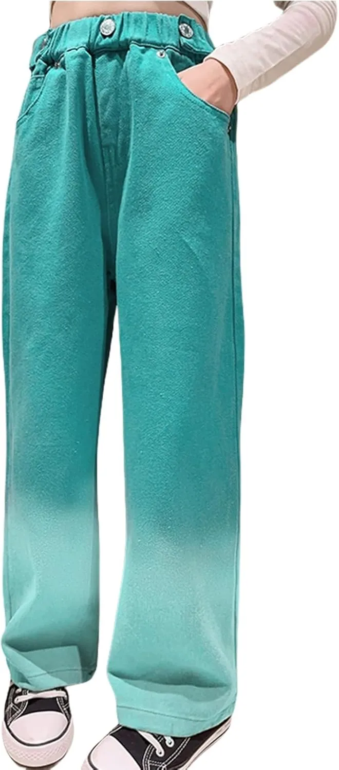 Girls' Baggy Jeans Candy Colors High Rise Elastic Waist Wide Leg Washed Denim Pants Size 5-14 Years …